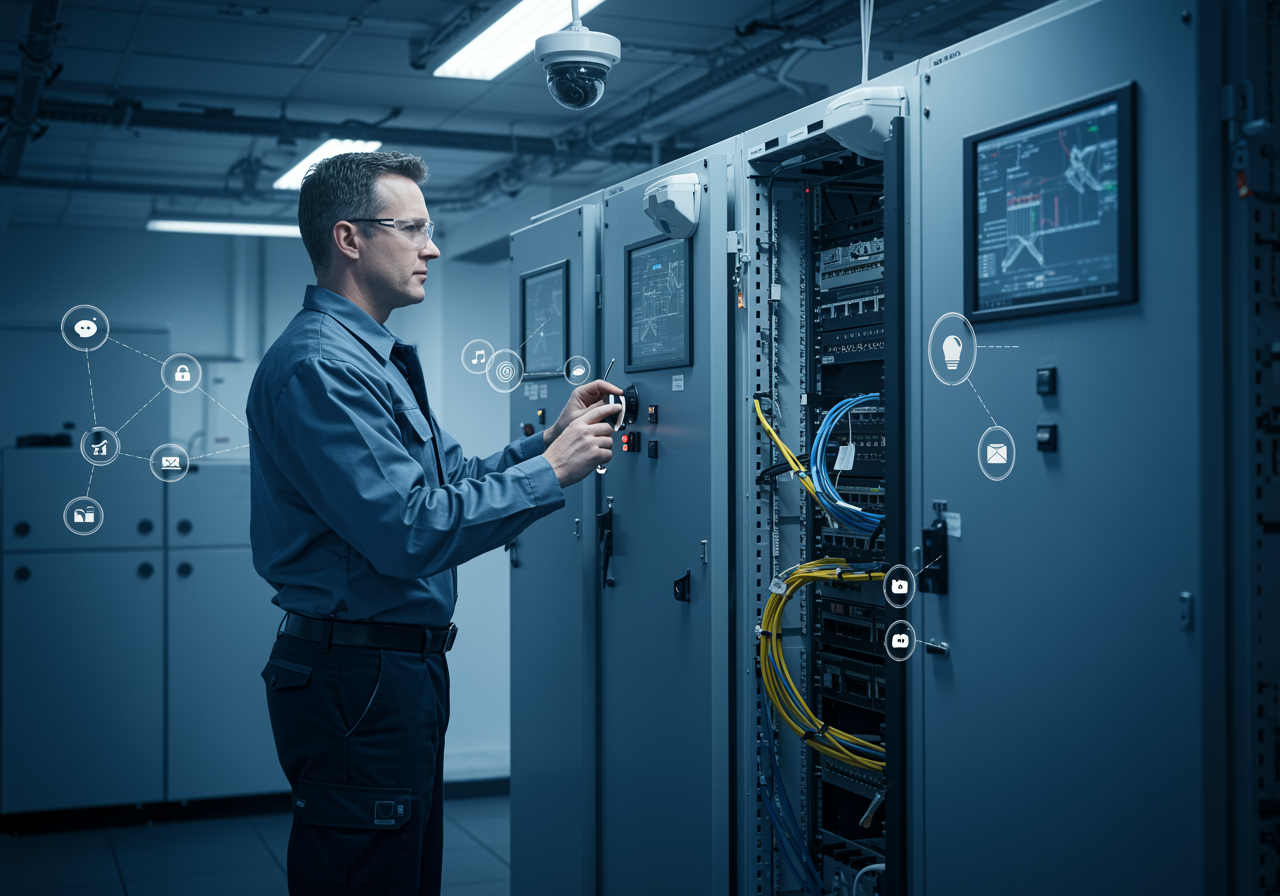 "Ilustración digital de un interior de oficina moderna con cableado estructurado, cámaras de vigilancia avanzadas y un técnico profesional operando un panel de control, destacando conectividad segura y eficiente."