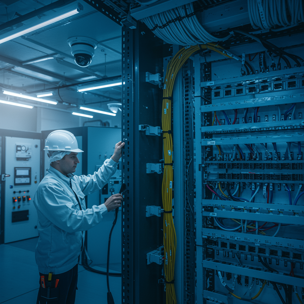 "Instalación de infraestructura de red moderna con cableado estructurado y cámaras de vigilancia, destacando la precisión de un técnico profesional en un entorno tecnológico avanzado."