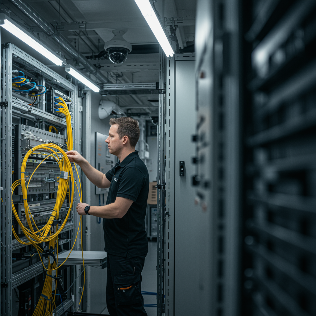 "Imagen de un técnico manipulando cables de fibra óptica en un moderno espacio de trabajo de tecnología, destacando instalaciones de red y seguridad en un entorno industrial limpio y eficiente."