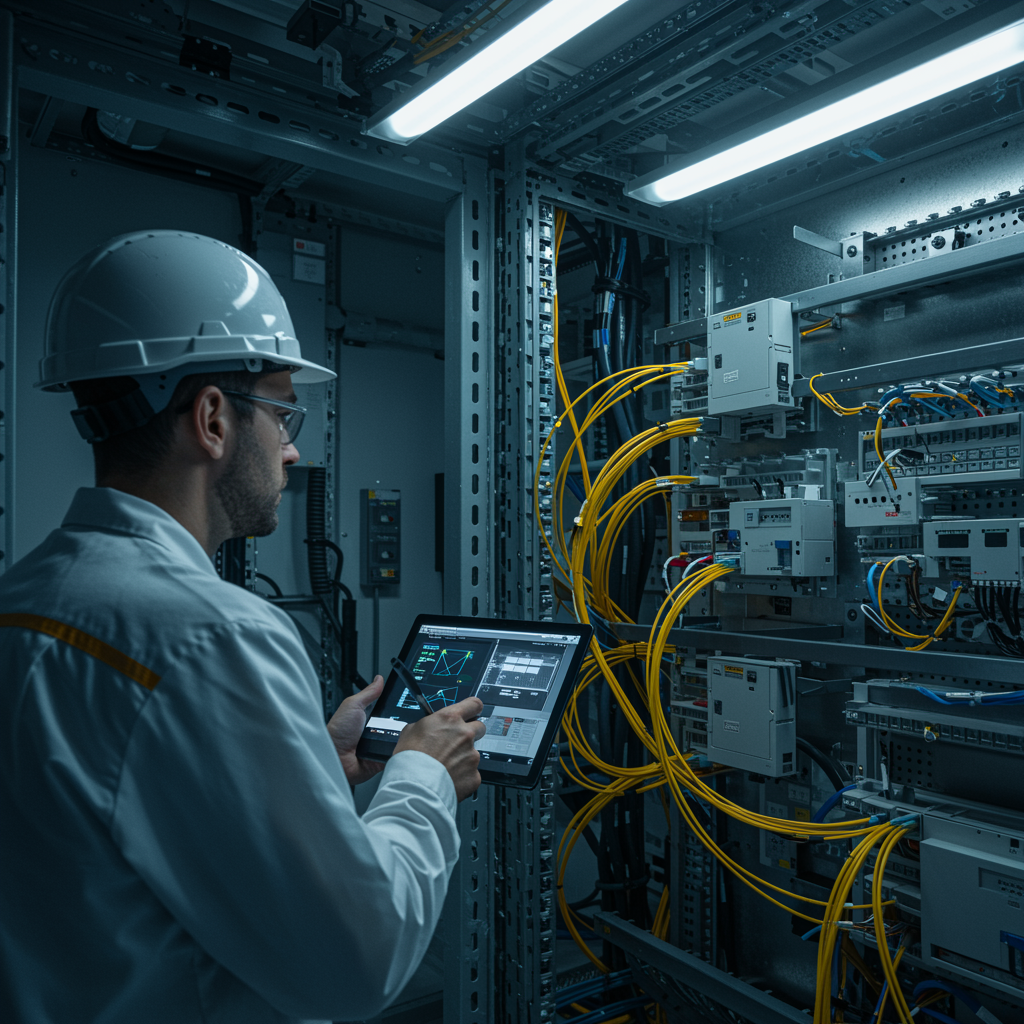 "Instalación avanzada de gestión de cables y sistemas eléctricos, donde un ingeniero evalúa una red organizada de fibras ópticas, simbolizando la transformación de espacios tradicionales en centros técnicos eficientes y seguros."